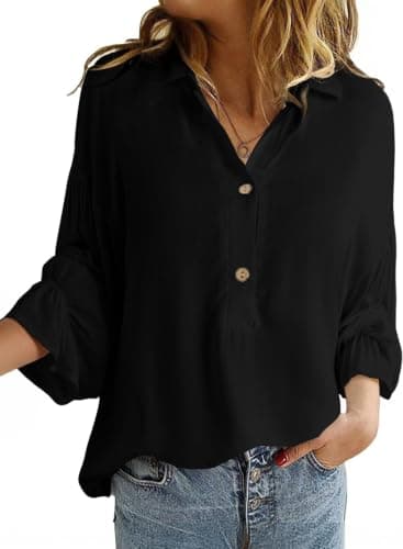 Astylish Women's Dressy Casual Blouses Business Work Linen Tunic Spring Summer Tops Beach Cute Long Lantern Sleeve V Neck Button-Down Henley Shirts Black Small - Image 1