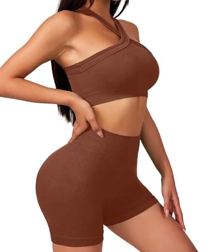 YOAKUKA Women's 2 piece Workout Sets Halter Sports Bra Scrunch Butt Impact Shorts Athletic Yoga Outfits - Image 1