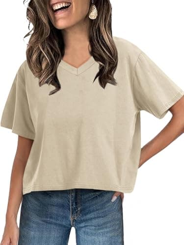 UNCLECAT Women Cropped T Shirts Casual Short Sleeve V Neck Crop Tops 2026 Summer Soft Loose Basic Tee Apricot - Image 1