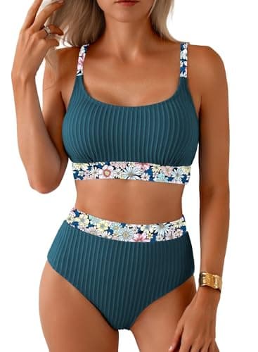 Herseas Womens Textured 2 Piece Bikini Sets High Waisted Slimming Stretchy Ladies Swim Suit 2026 Summer Floral Trim Scoop Neck Padded Bathing Suit Casual Beach Vacation Clothes Teal Small - Image 1