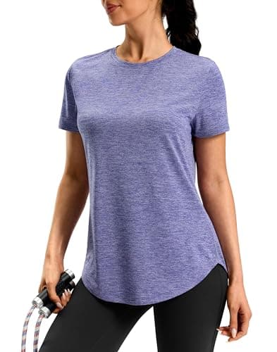 Workout Shirts Women Dry Fit Short Sleeve Athletic Gym Hiking Running Lightweight Summer Tops for Women Bum-Covering Length (Purple,Large) - Image 1