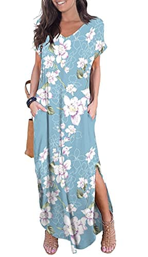 GRECERELLE Women's Summer Maxi Dress Casual Loose V Neck Short Sleeve Side Split Floral Long Dresses with Functional Pockets Flower Light Blue - Image 1