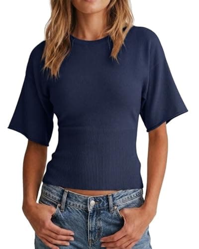 Jenisso Womens Short Sleeve Knit Tops 2026 Summer Crew Neck Cinched Waist Fitted Ribbed Sweater (Navy S) - Image 1