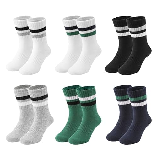 Fiveluck 6 Pairs Boys Athletic Crew Socks, Cotton Basic School Uniform Breathable Casual Sports Socks, Twin Stripes, 6-8 Years - Image 1