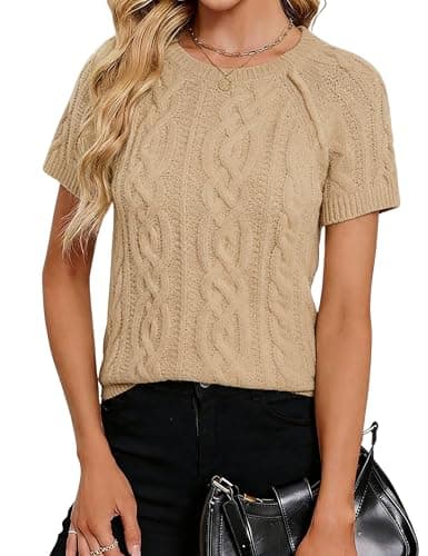Tanming Womens Short Sleeve Cable Knit Sweater Crew Neck Lightweight Spring Summer Fall Tops Textured Shirts(Khaki-S) - Image 1