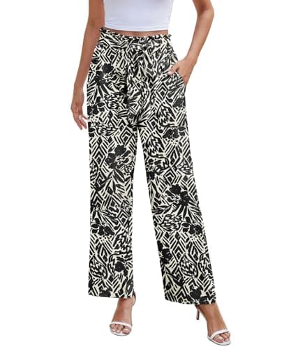 NILOUFO Casual Pants for Women Summer Lightweight Wide Leg Pants High Waisted Elastic Waist Tie Knot Trousers with Pockets(Black Flor-White, Small) - Image 1