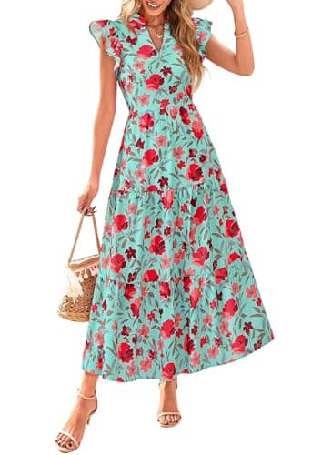 PRETTYGARDEN Women's 2026 Summer Floral Midi Dress Cap Sleeve V Neck Ruffle Long Flowy Boho Casual Beach Vacation Dresses (Floral Green Red,Medium) - Image 1