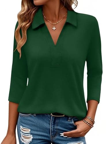 Bellcoco Woman's Collared Blouses 3/4 Sleeve Dressy Casual Tops V Neck Polo Shirts Business Summer Clothes,Dark Green,M - Image 1