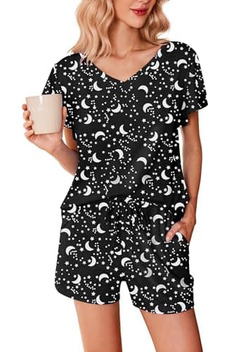 Ekouaer Women's Pajamas Set Ruffle Sleeves Sleepwear V Neck Comfy 2 Piece Pjs Loungewear Set,Medium,Black Star Moon,1 - Image 1
