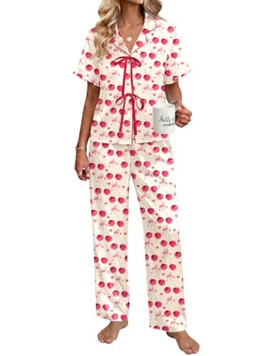 Ekouaer Silk Pajamas for Women 2 Piece Satin Pj Set Ruffle Tie Short Sleeve Sleepwear Comfy Loungewear with Pockets Pink Cherry L - Image 1