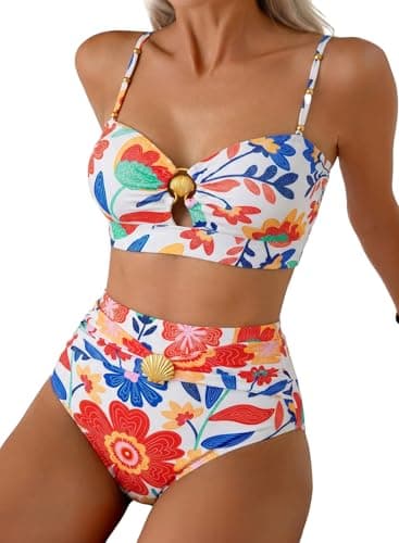 Herseas Women 2 Piece Bikini Sets Seashell Ring Full Coverage Swimsuits High Waisted Slimming Adjustable Straps Bathing Suit 2026 Vacation Outfits Multicolor Floral Orange XX-Large - Image 1