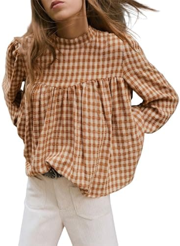 Astylish Women's Empire Waist Plaid Tops Mock Neck Babydoll Gingham Blouses Casual Loose Flowy Checkered Shirts Khaki Small - Image 1