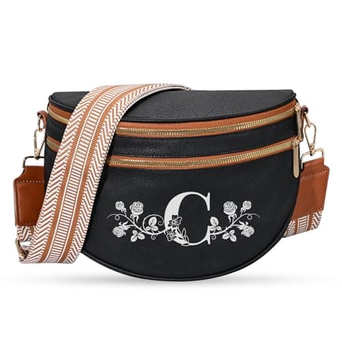 Viverte Personalized Gifts for Women Initial Bum Bags Pu Leather Crossbody Bags Letters Purses for Mom(Black With Brown-C) - Image 1
