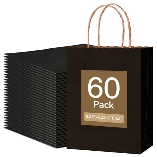 Qioxiou 60 Pack Black Gift Bags 8.27x4.33x10.63 Medium Kraft Paper Gift Bags with Handles Bulk, Black Paper Sacks for Wedding Birthday Party Favor, Business, Retail, Shopping, Merchandise, Grocery - Image 1