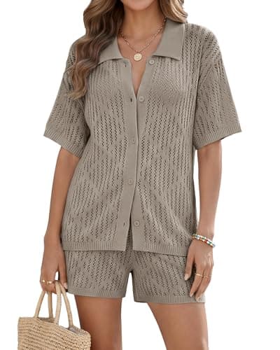 Womens Beach Cover Up Set 2 Piece Crochet Resort Wear Button Down Cardigan Drawstring Shorts Summer Coverup Sets Khaki - Image 1