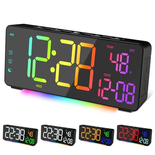 EVILTO Digital Alarm Clocks for Bedrooms, RGB Desk Clock with 15 Color Display, Date Temperature and Weekday, DST, Snooze, 2 Alarms, Ambient Lighting for Living Room, Bedside Office Gaming Desk Decor - Image 1
