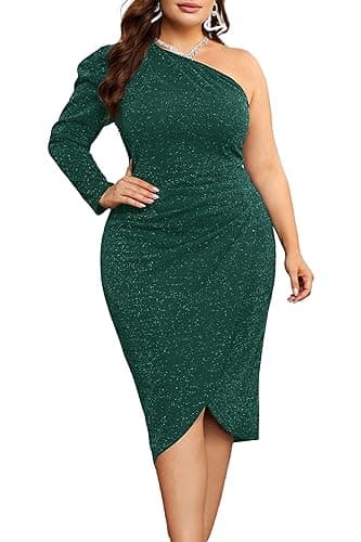 KIMCURVY Plus Size Semi Formal Wedding Guest Dress Ruched Wrap Asymmetrical Hem Cocktail Dresses Women 2024 Dark Green 24W - Image 1
