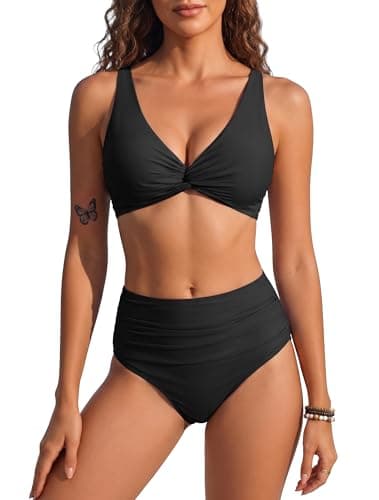HORISUN High Waisted Tummy Control Bikini Set Twist Front V Neck Ruched Tie Back 2 Piece Swimsuit Adjustable Straps Black S - Image 1