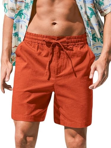 RQP Mens Linen Shorts Casual Drawstring 7inch Inseam Shorts Stretch Summer Beach Wear,Wine Red - Image 1