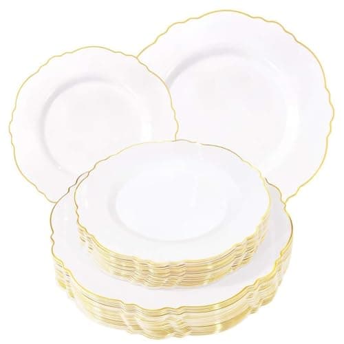 WDF 60pcs White and Gold Plastic Plates - Baroque White With Gold of 30 Heavy Duty Gold dinner plates 10.25inch, 30 Salad Plates 7.5inch Perfect for Wedding Baby Shower Spring - Image 1