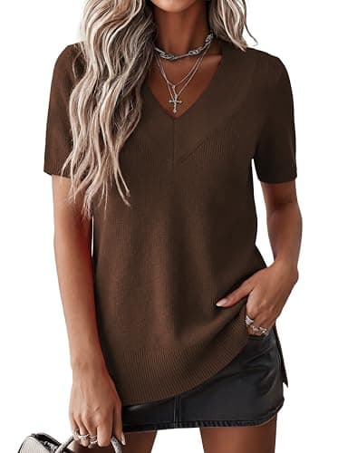 Jouica Womens Tops Summer Sweater Short Sleeve Shirts Dressy Casual Basic Casual Short Sleeve Tops Beach Vacation Clothes,Large,Coffee - Image 1