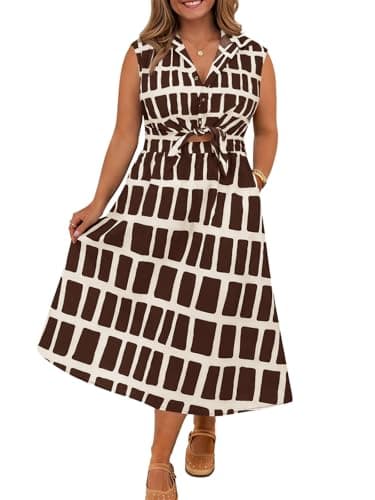 Beautife Summer Plus Size Dresses for Curvy Women Boho Printed Cocktail Midi Dresses V Neck Sleeveless with Pocket Brown - Image 1