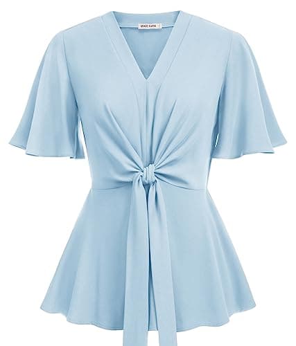 Womens Light Blue Peplum Tops V Neck Short Bell Sleeve Tops Tie Front Elegant Blouse 2XL - Image 1