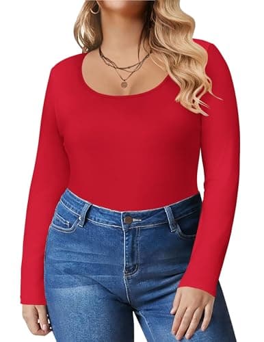 IN'VOLAND Women's Plus Long Sleeve Round Neck Shirts Basic Tee Fall Tops Red - Image 1