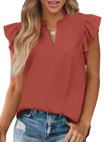 Zenlonr Womens Summer Tops 2026 Casual V Neck Ruffle Cap Sleeve Blouse Shirts Solid Color Tunic Tops(Coral Red,Medium) - Image 1