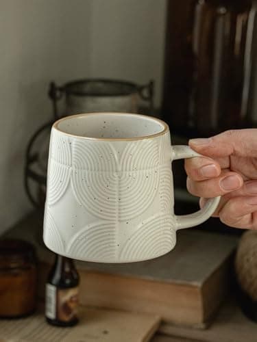 Tvvtuww Minimalist Embossed Speckled Ceramic Coffee Mug, 14oz Large Capacity, Dishwasher & Microwave Safe, Rustic Stoneware Cup for Coffee, Tea, Latte, Home & Office Use, White - Image 1