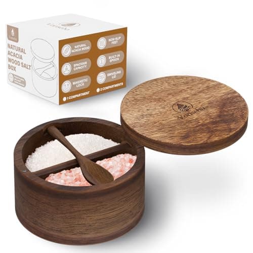 Vorisebo Acacia Wood Salt Container with Built-in Spoon, Elegant Salt Holder with Magnetic Swivel Lid, Salt Box for Kitchen to Storage Pepper, Spice or Favorite Seasonings, 5OZ (Two Compartments) - Image 1