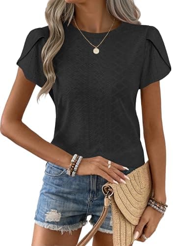 ANRABESS Womens Tops Summer Eyelet Petal Short Sleeve T Shirts Dressy Casual Blouses Ladies Basic Tees 2026 Spring Clothes Black X-Large - Image 1
