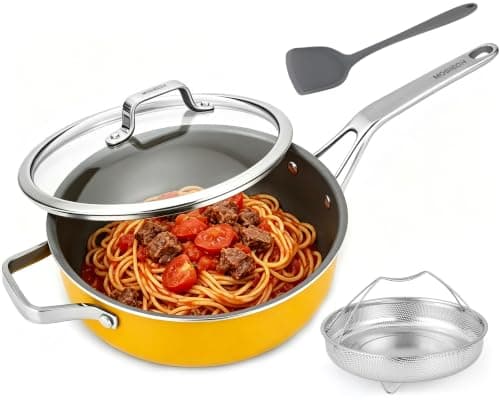 10-in-1 Yellow Ceramic Nonstick Deep Saute Pan Set With Steamer & Lid, 4QT - Image 1