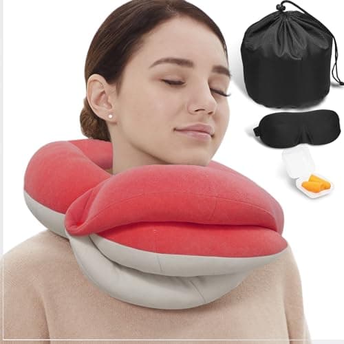 BUYUE Travel Neck Pillows for Airplanes, 360° Head Support Sleep for Long Flight, Skin-Friendly & Breathable, Kit with 3D Contoured Eye Mask, Earplugs and Storage Bag (Adult, Pink, 90+ lbs) - Image 1