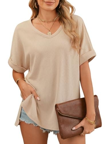 Dokotoo Summer Short Sleeve Shirts for Women Plus Size Cute Knit Tops 2025 Trendy Casual V Neck Ladies Workout Outfits Clothes Tops and Blouses Apricot Medium - Image 1