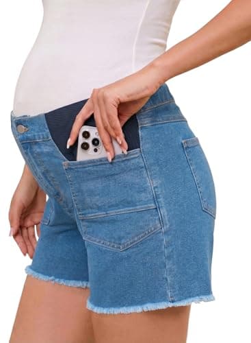 BLENCOT Maternity Jean Shorts for Women Summer Mid-Rise Stretch Plus Size Pregnancy Denim Shorts with Pockets Dusk Blue S - Image 1