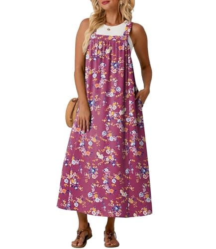 Lepunuo Summer Dresses for Women 2026 Casual Boho Overall Dress Adjustable Cover up with Pockets Floral Purple - Image 1