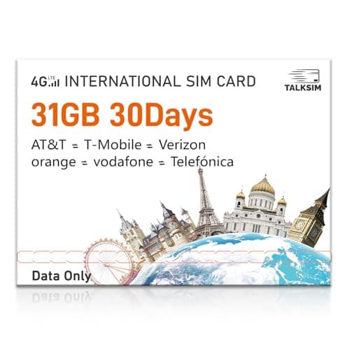 International Data SIM Card 31GB for 30 Days –4G LTE Coverage 45 Countries in USA,UK,Europe,Asia and Africa Prepaid Travel Data Only SIMCARD for Unlocked WiFi Mobile Hotspot,Phones&Tablet–No Contract