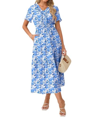 GRACE KARIN Summer Dress for Women 2026 V-Neck Short Sleeve Ruffle Maxi Dress White Blue Floral XXL