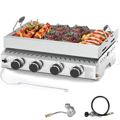 COWSAR Portable 4 Burners Stainless Steel BBQ Griddle, 32000 BTUS Propane Gas Grill with Uncoated and Non-stick Grids for Garden, Camping, Outdoor, Picnic - Image 1