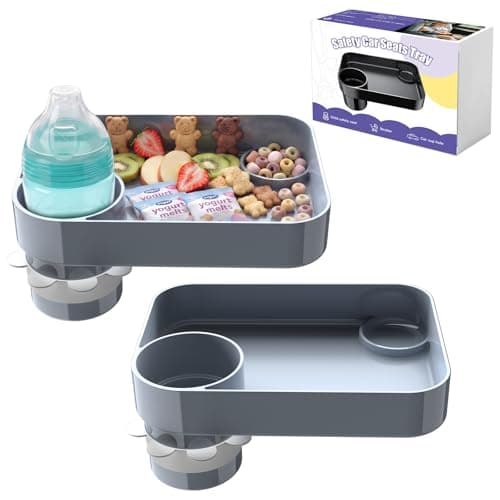2Pack Car Seat Snack Tray for Kids, Mess-Free Square Travel Tray Cup Holder Snack Tray, Durable Car Food Tray for Toddlers, Universal Fit Kids Travel Road Trip Essentials (2, Grey) - Image 1