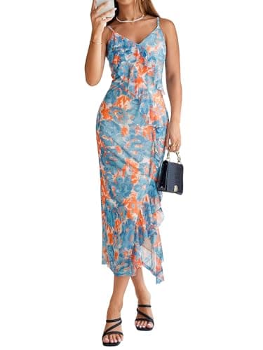 Simplee Women Floral Ruffle Bodycon Maxi Dress 2026 Summer Spaghetti Strap V Neck Mesh Slit Wedding Guest Beach Party Dresses Floral Blue Orange S - Image 1