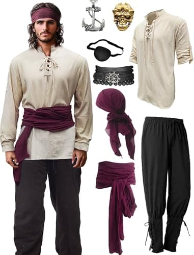 Verceco Mens Pirate Costume Outfit Renaissance Costume Men Medieval Outfit With Pirate Pants Shirts Sash Accessories (khaki, XXX-Large) - Image 1