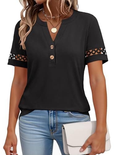ANRABESS Womens Short Sleeve Tops Henley V Neck Blouses Dressy Casual 2026 Summer Trendy Tee Shirts Work Business Outfits Black Medium