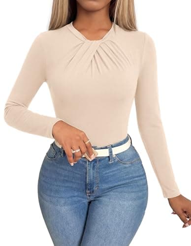 KIRUNDO Long Sleeve Tops for Women Business Casual Outfits Slim Fitted Knit Twist Knot Work Office Shirt Blouse Going Out Top(Beige, Large) - Image 1