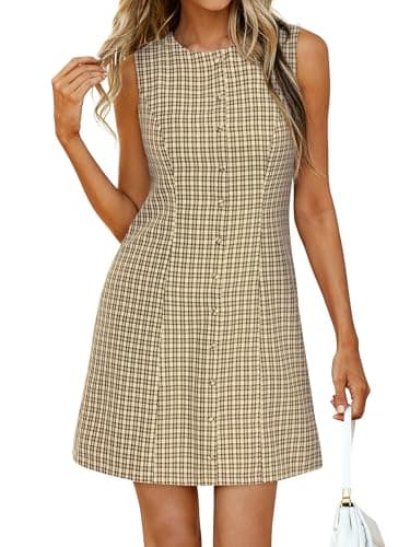 BTFBM Summer Dresses for Women 2026 Plaid Sleeveless Zip Up A Line Mini Dress Business Casual Vacation Gingham Sundress(Khaki, XX-Large) - Image 1