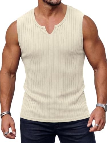 JEMLDL Men's Plus Size Beach Tank Tops Sleeveless Knit Ribbed V Neck Casual Summer Vacation Shirts Lightweight Breathable Soft Beige XXL - Image 1
