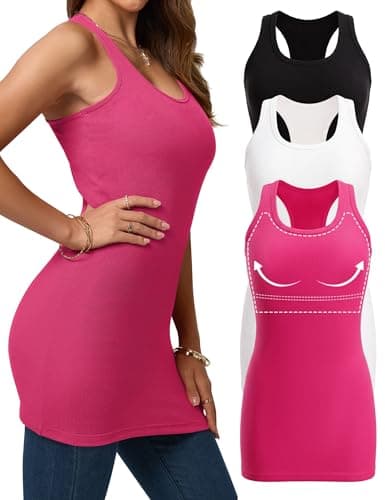 Missclub 3 Pack Long Tank Top with Shelf Bra for Women Ribbed Knit Racerback Tanks Cotton Tunic Tops Hot Pink XL - Image 1