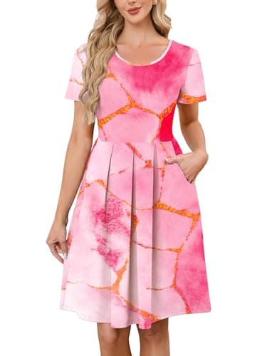 KORSIS Women Summer Dresses Short Sleeve Casual Round Neck A-Line Pleated Dress Beach Casual Vacation Sundress with Pockets (S-2XL) - Image 1
