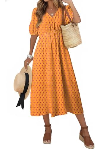 Dokotoo Summer Womens Dresses a Line Floral Flowy Casual Sundress Fashion Clothing Short Sleeve V Neck Boho Maxi Dress with Pockets 2026 Easter Spring High Waist Flowy Loose Fit Beach Dress Orange - Image 1